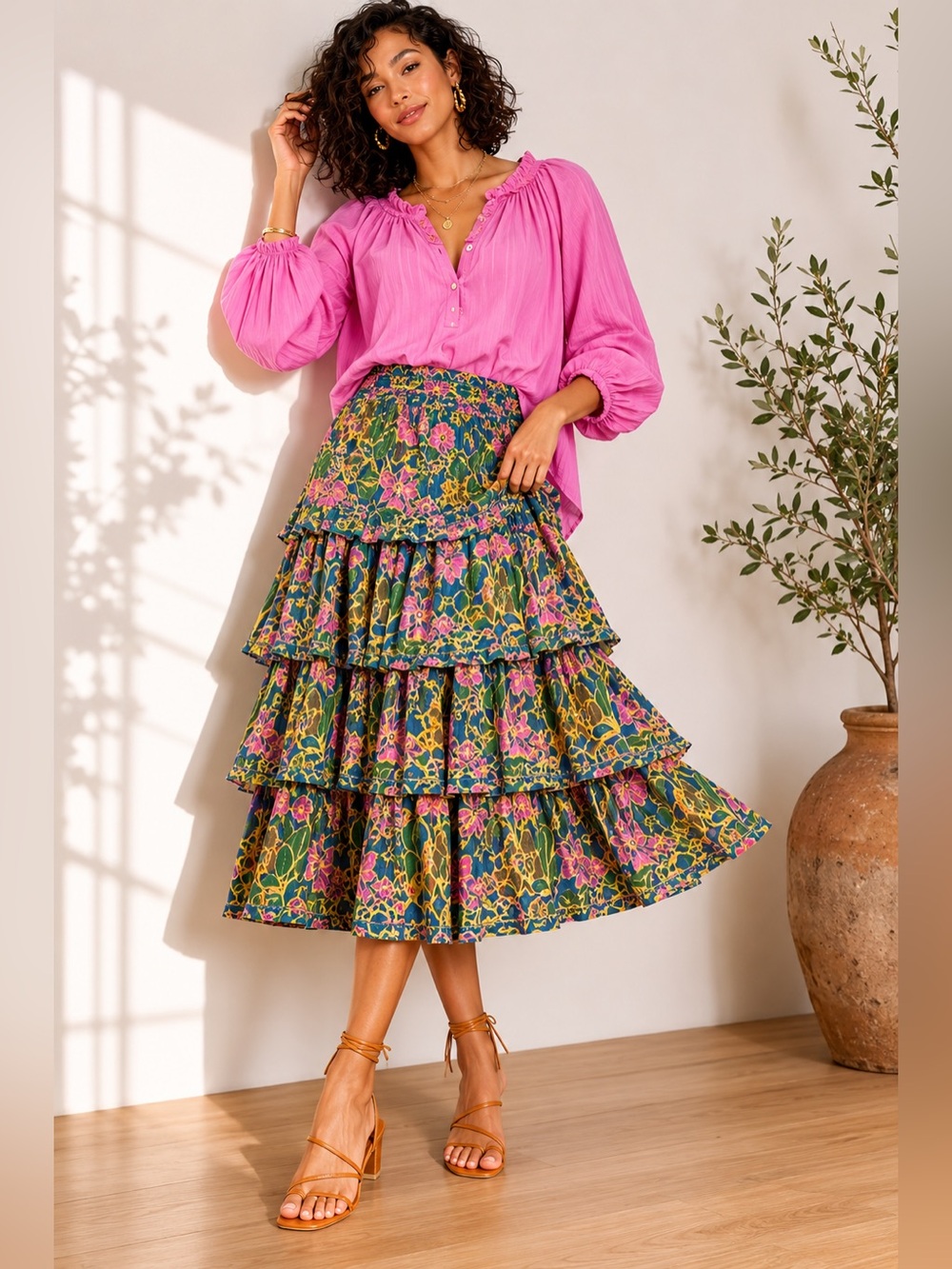 Cleobella Lana Midi Skirt L Organic Cotton Hand Block Print Tiered Boho Floral